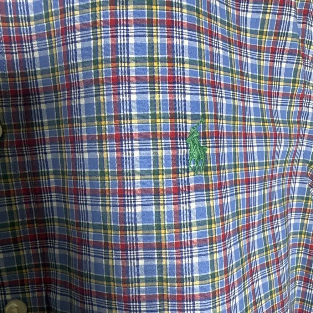 Ralph Lauren Natural Stretch Boys Button-Down Shirt XL Blue Stripes Plaid 18/20
